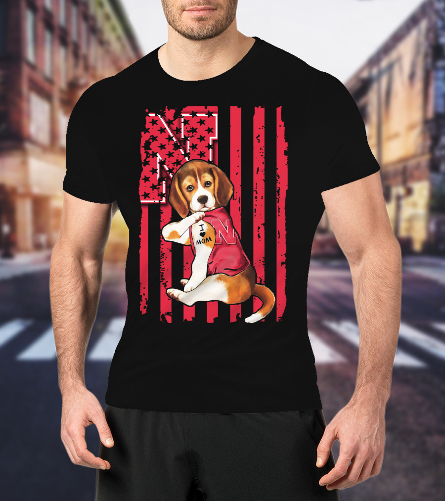 Beagle I Love Mom Nebraska Cornhuskers American Flag Stars And Stripes Football T-Shirt