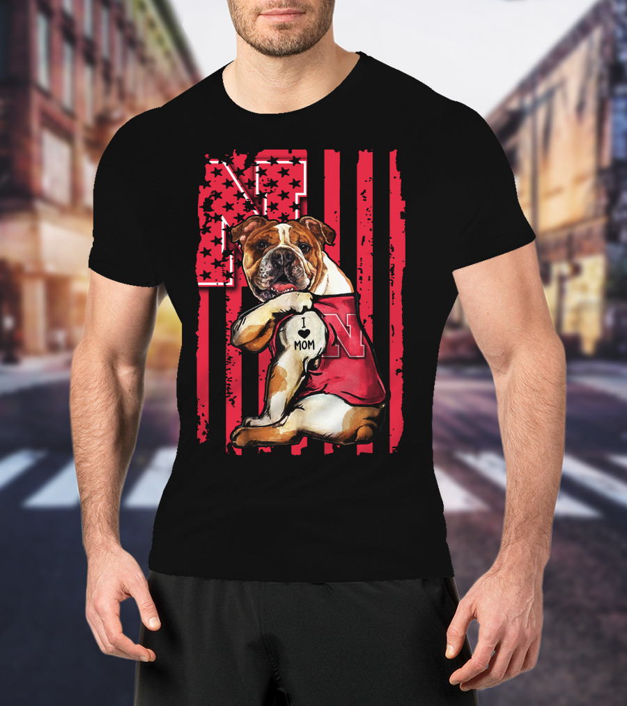 Bulldog I Love Mom Nebraska Cornhuskers N Flag Stars T-Shirt