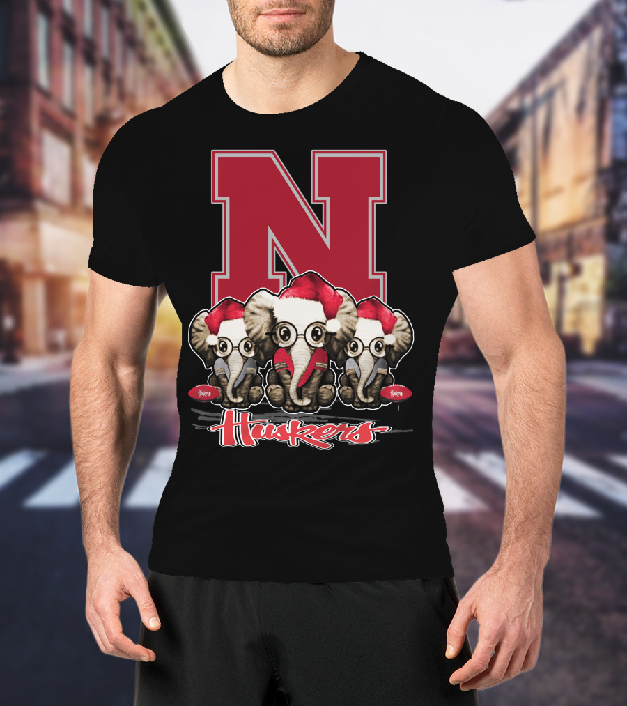 Elephan Xmas Nebraska Huskers Santa Hat Trio T-Shirt