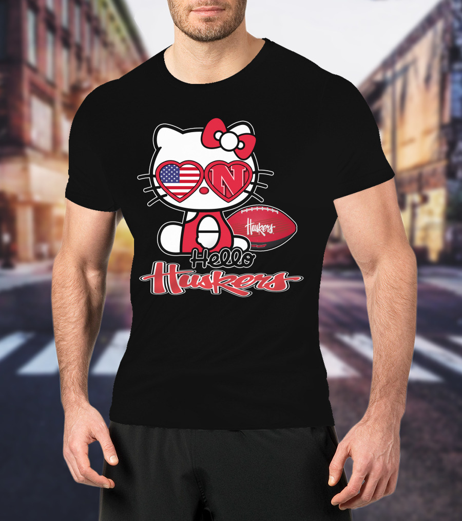 Hello Kitty Huskers Nebraska Football Heart Flag T-Shirt