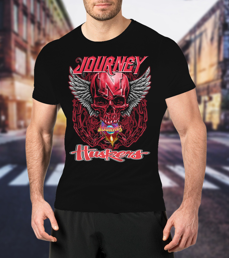Journey Nebraska Cornhuskers Huskers Skull Winged Flame T-Shirt