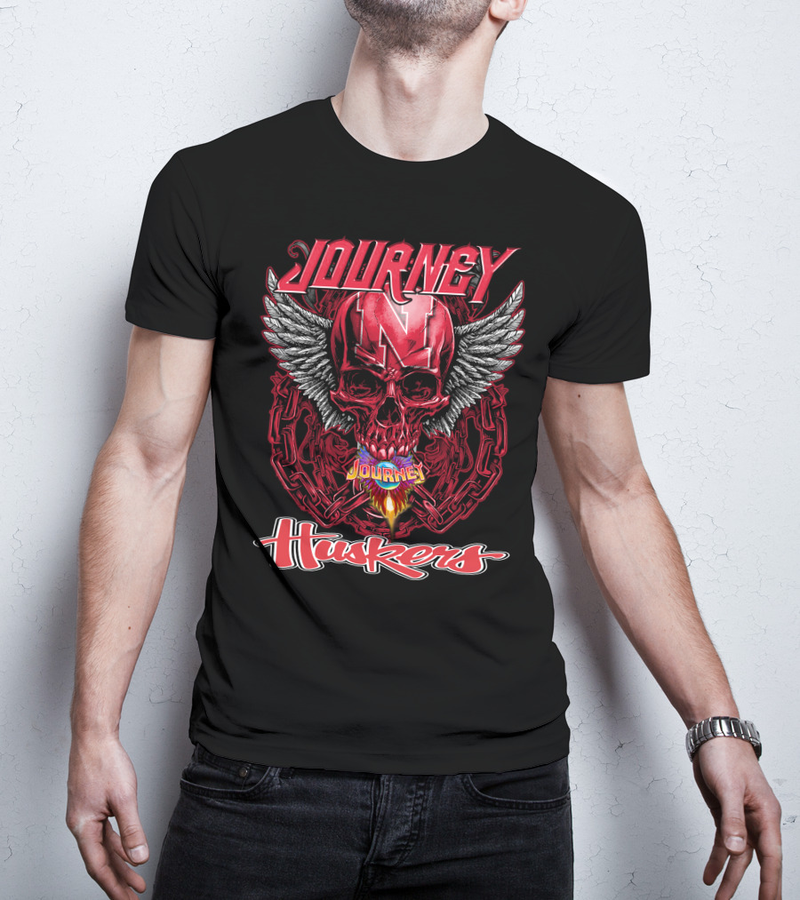 Journey Nebraska Cornhuskers Huskers Skull Winged Flame T-Shirt