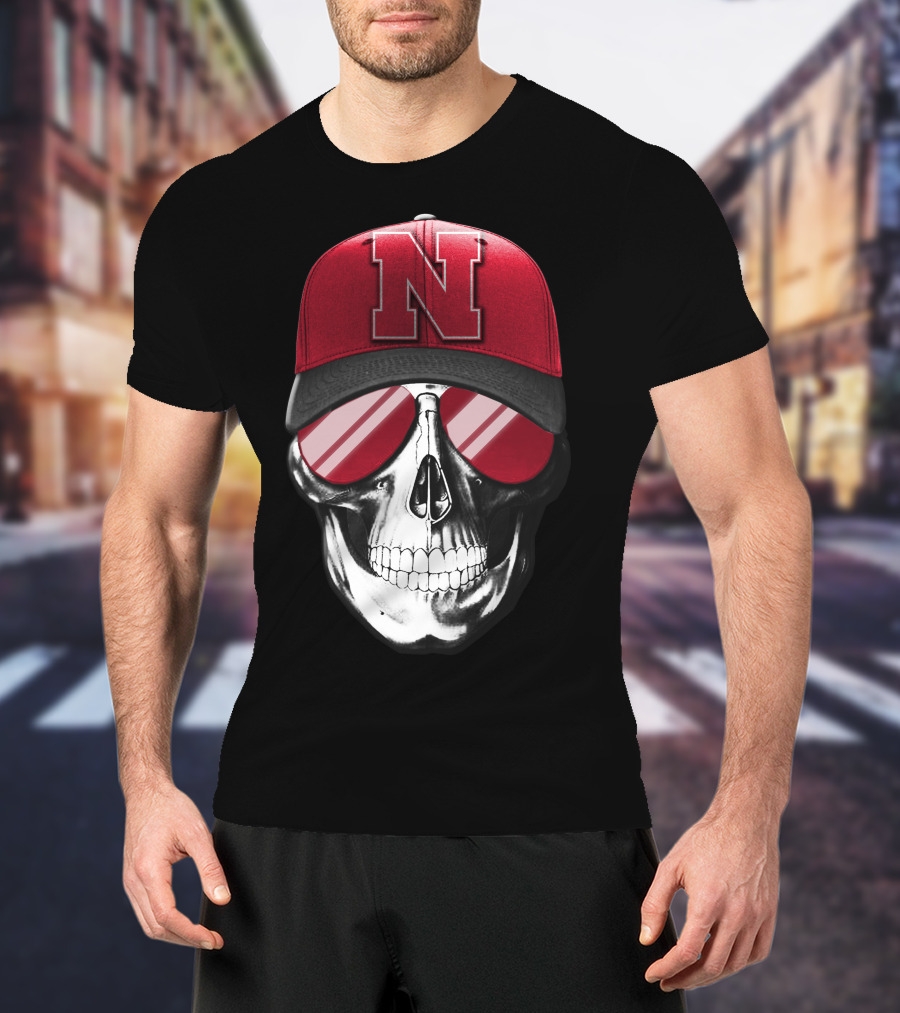 Skull Wearing Nebraska Cornhuskers Red N Cap With Sunglasses T-Shirt