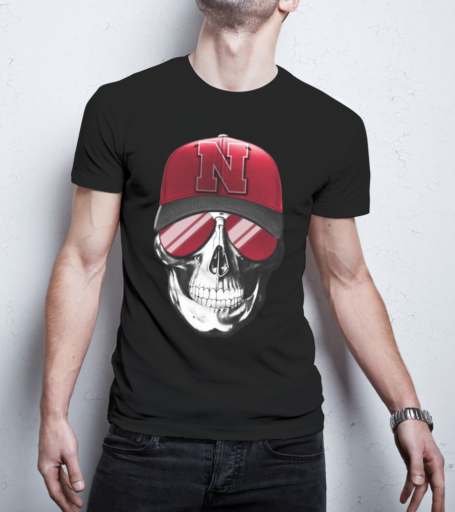 Skull Wearing Nebraska Cornhuskers Red N Cap With Sunglasses T-Shirt