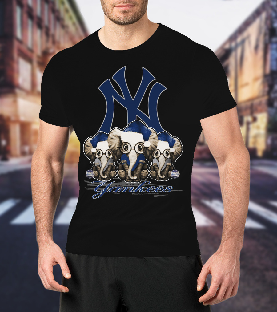 Elephant Xmas New York Yankees Blue Santa Hat Trio T-Shirt