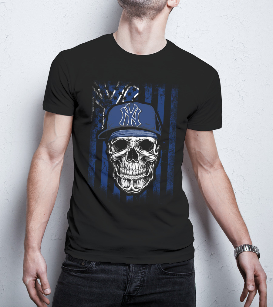 Skull Wearing New York Yankees Cap With Blue T-Shirt