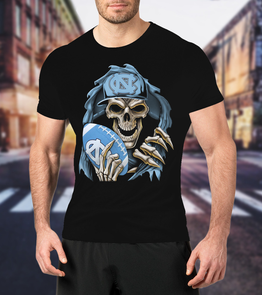 Skullbong North Carolina Tar Heels Skeleton Football Fan With Cap And Ball T-Shirt