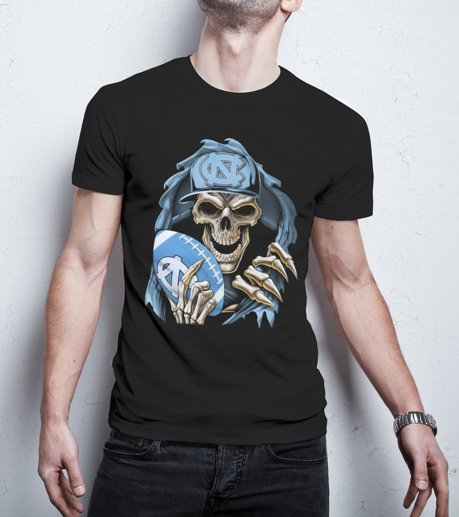 Skullbong North Carolina Tar Heels Skeleton Football Fan With Cap And Ball T-Shirt