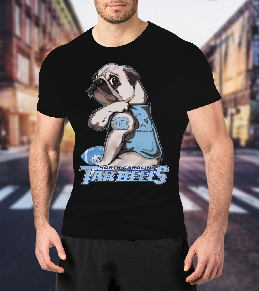 Pug Wearing North Carolina Tar Heels Sports Jersey With Football T-Shirt