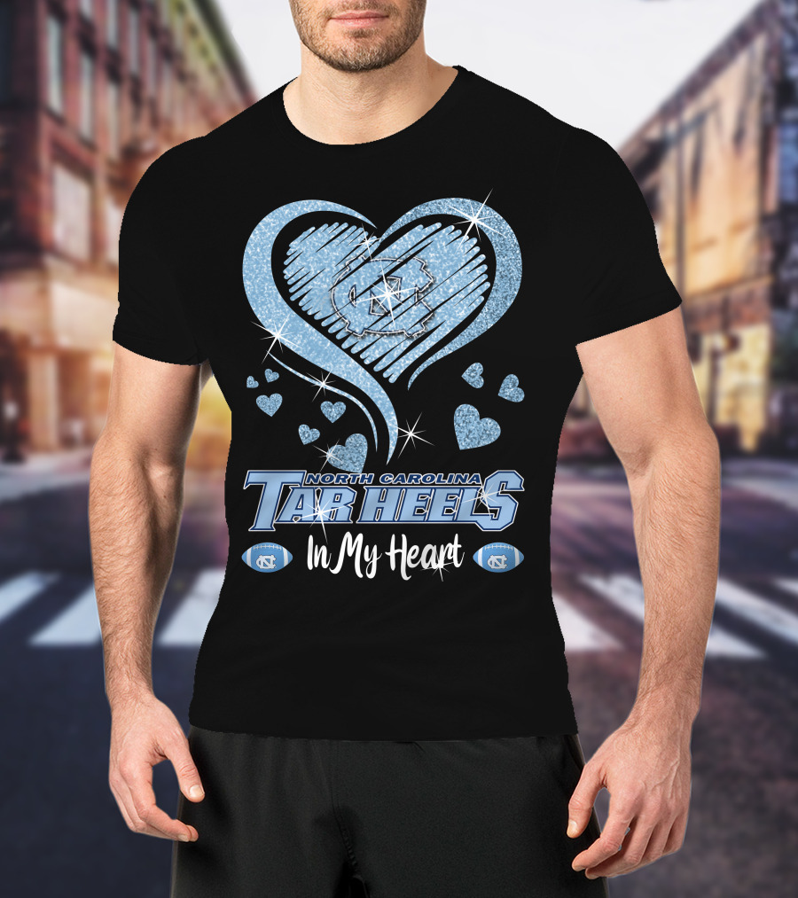 North Carolina Tar Heels In My Heart Sparkling Logo And Footballs T-Shirt