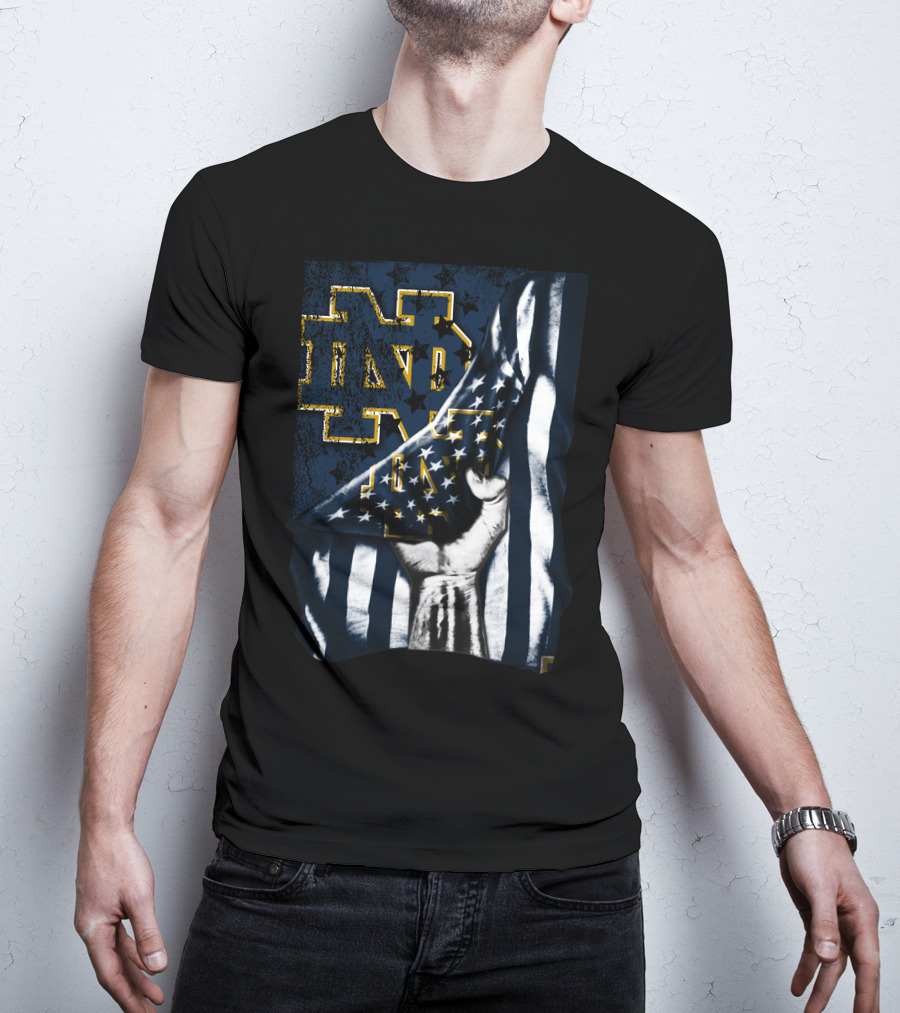 Notre Dame Fighting Irish ND Logo With American Flag Background T-Shirt