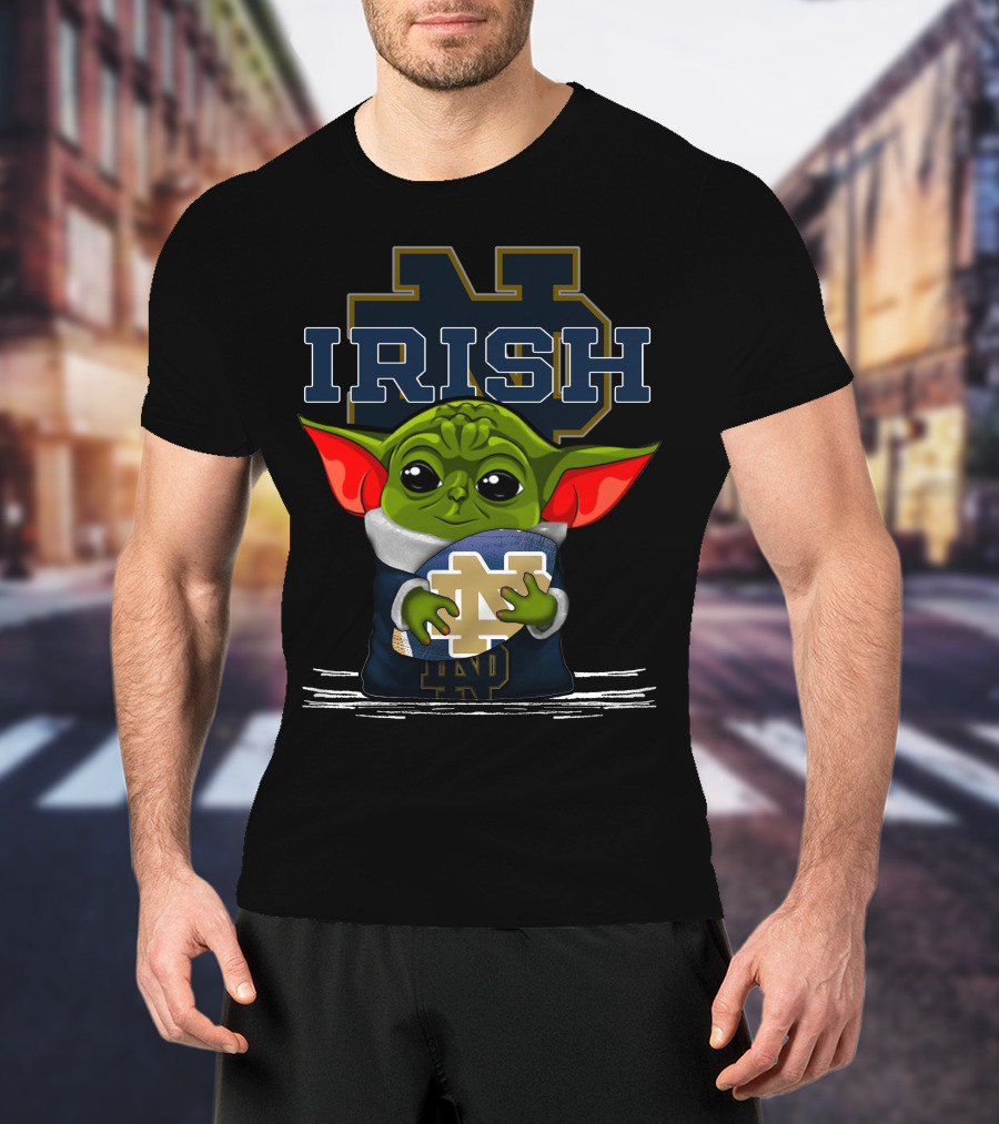 Yoda Notre Dame Irish Baby Holding Notre Dame Football T-Shirt