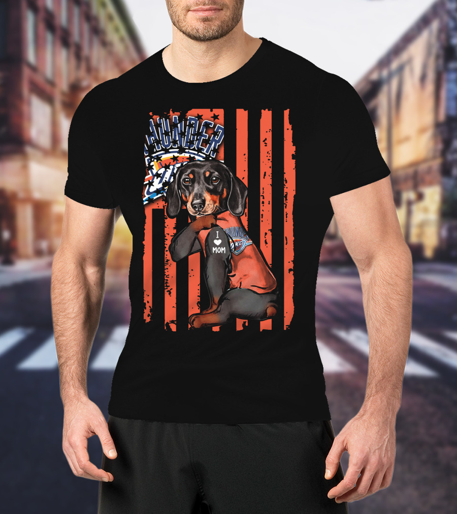 Dachshund Wearing Oklahoma City Thunder Shirt With I Love Mom Tag T-Shirt
