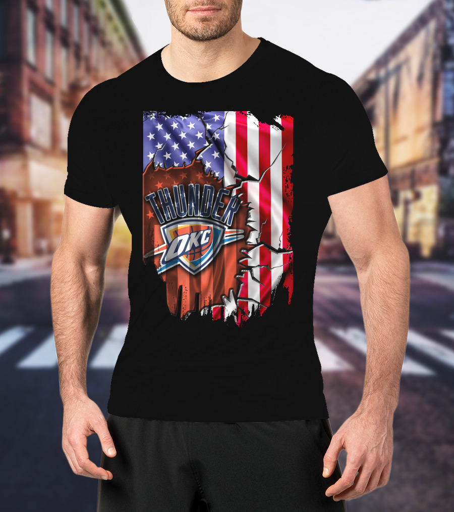 USA Flag Rip With Oklahoma City Thunder OKC Basketball T-Shirt