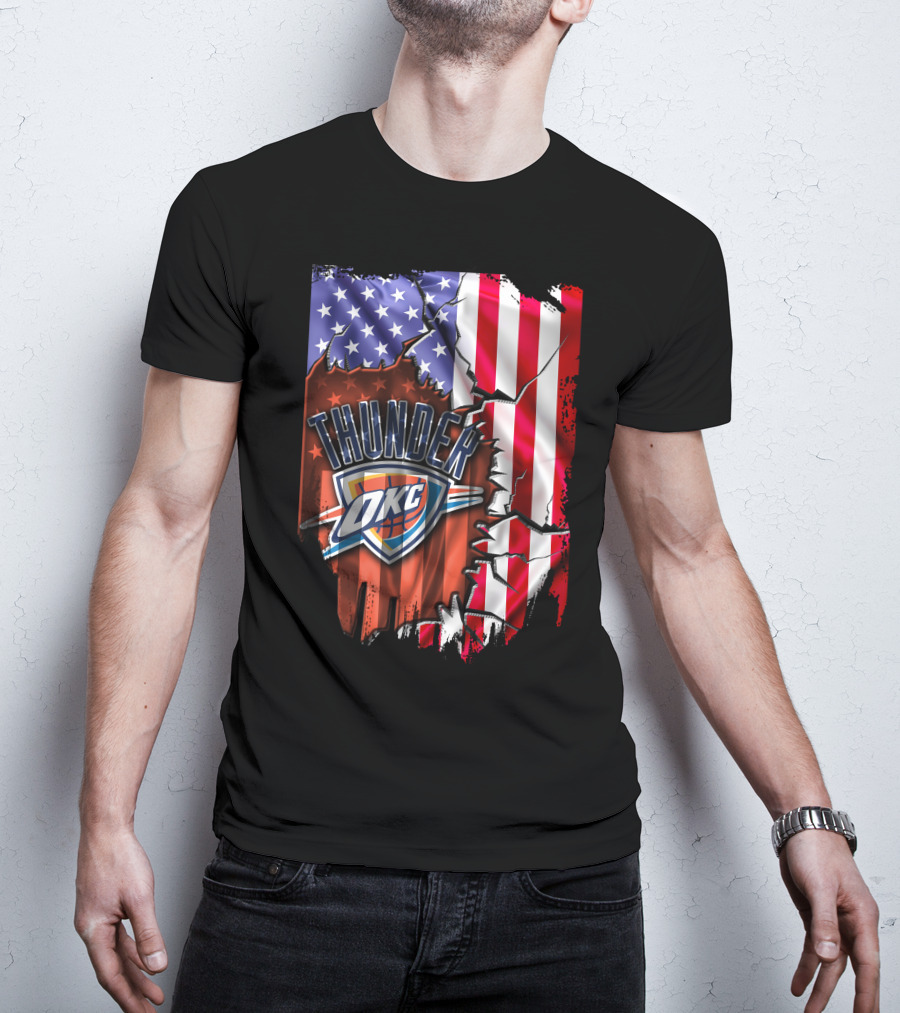 USA Flag Rip With Oklahoma City Thunder OKC Basketball T-Shirt