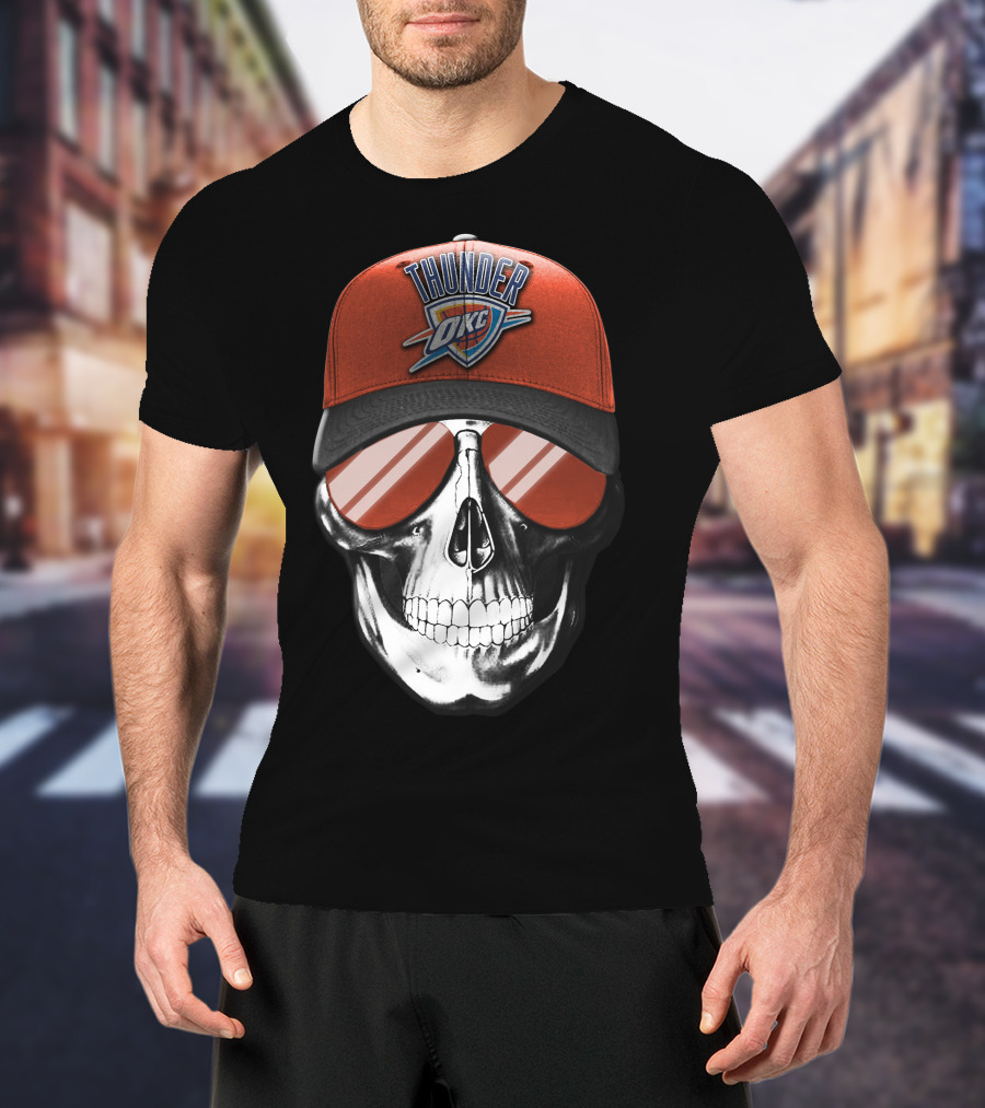 Skull With Oklahoma City Thunder Cap And Sunglasses T-Shirt