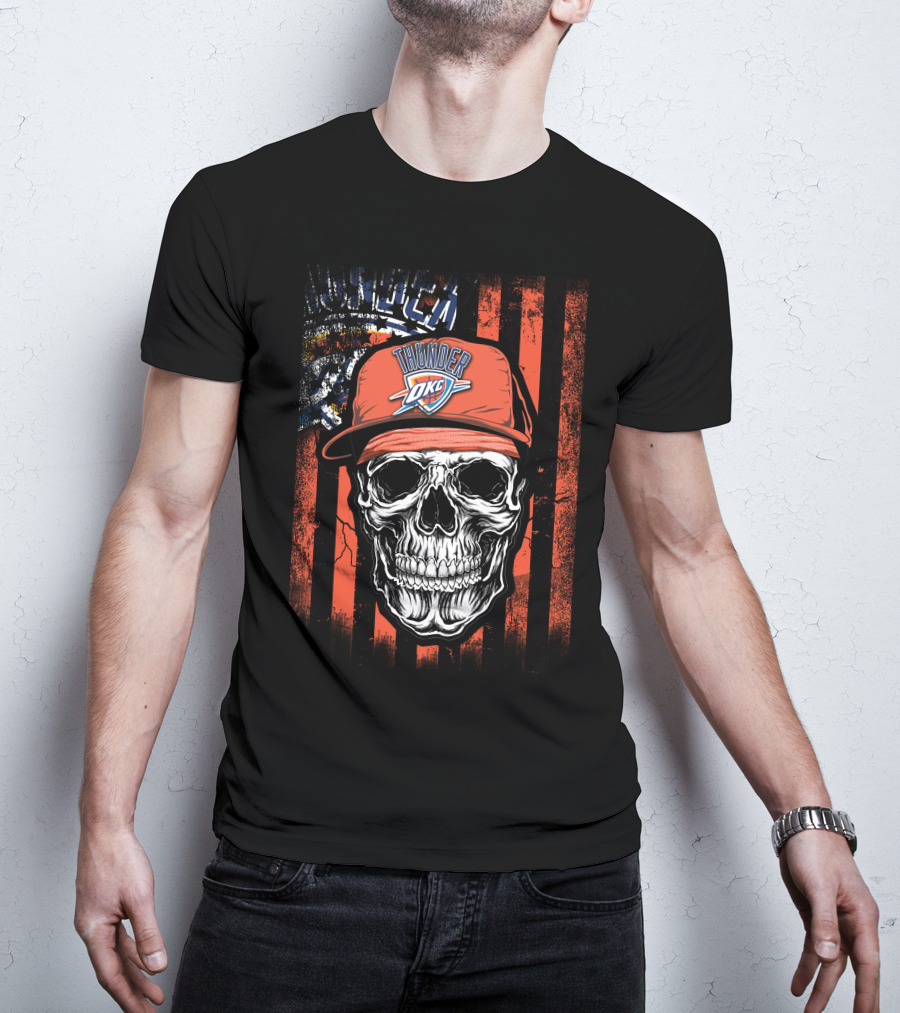 Skull Wearing Oklahoma City Thunder Cap With OKC Logo On T-Shirt