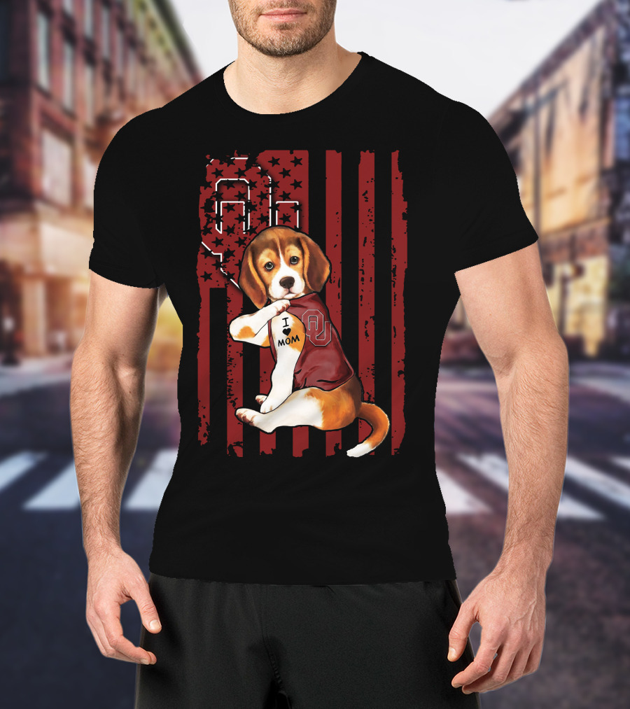 Beagle Puppy I Love Mom Oklahoma Sooners OU Red Stripes Stars T-Shirt