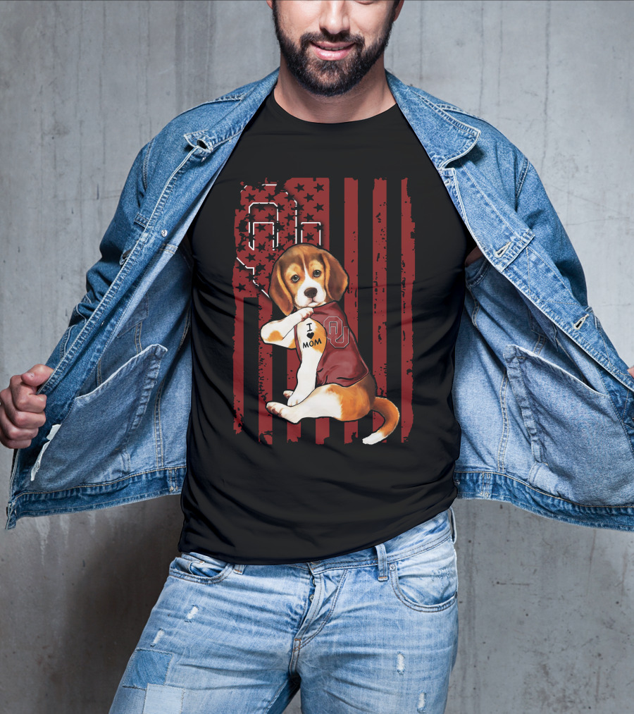 Beagle Puppy I Love Mom Oklahoma Sooners OU Red Stripes Stars T-Shirt
