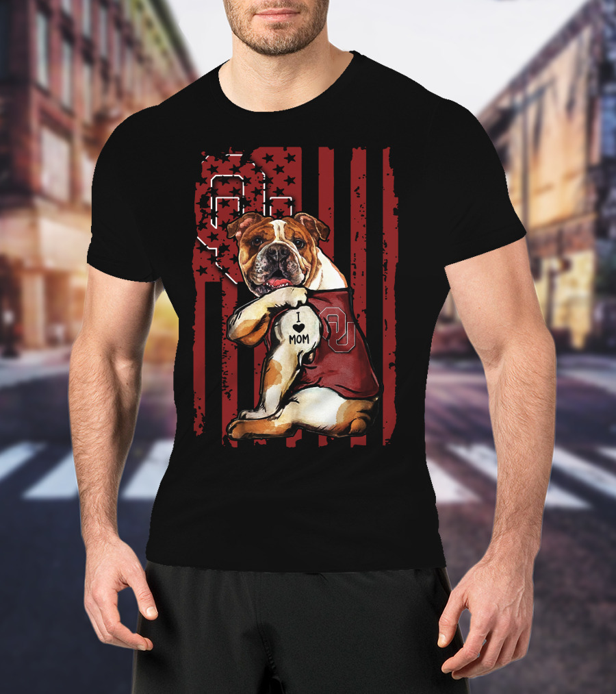Bulldog With Oklahoma Sooners Love For Mom In American Flag T-Shirt