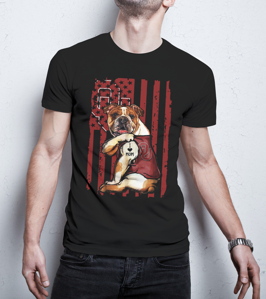 Bulldog With Oklahoma Sooners Love For Mom In American Flag T-Shirt