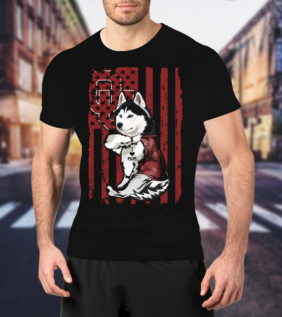 Siberian Husky Oklahoma Sooners Mom With American Flag And OU T-Shirt