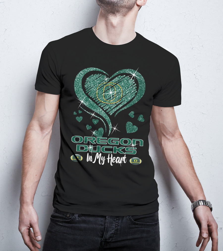 Oregon Ducks In My Heart Sparkling Green Hearts And Footballs T-Shirt