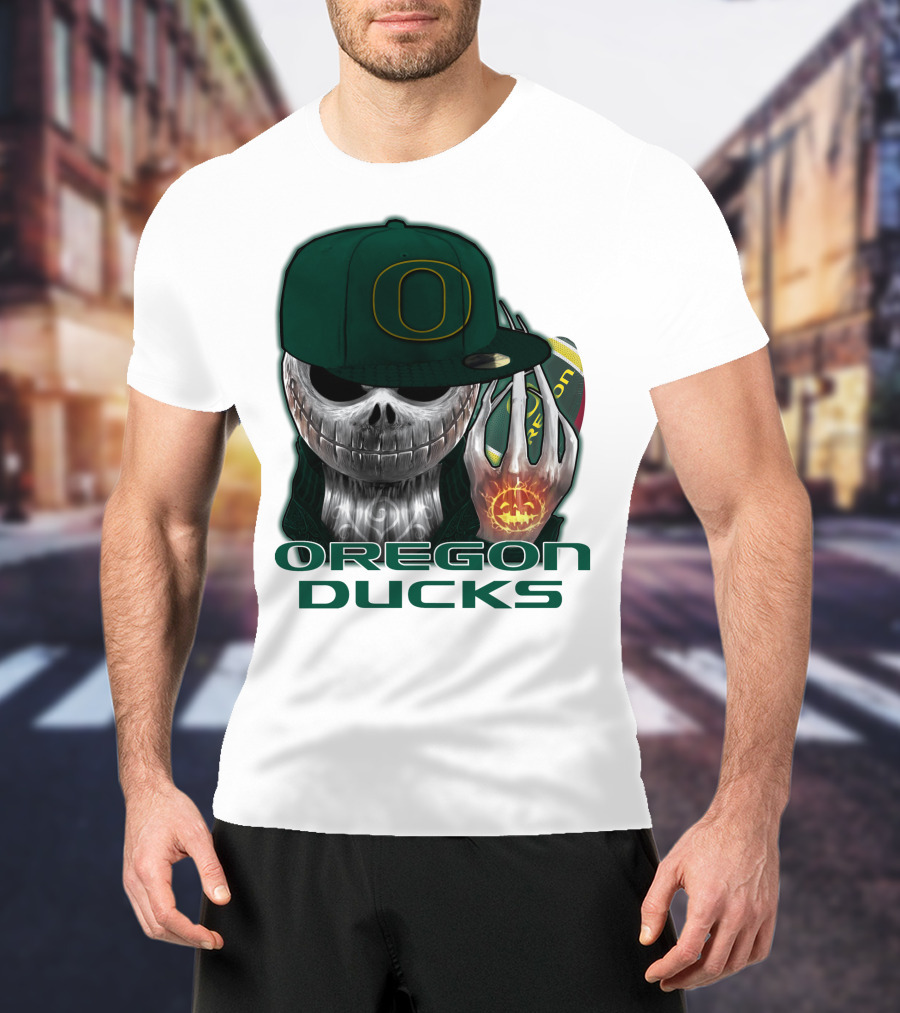 Oregon Ducks Jack Skellington Skull Halloween Football T-Shirt