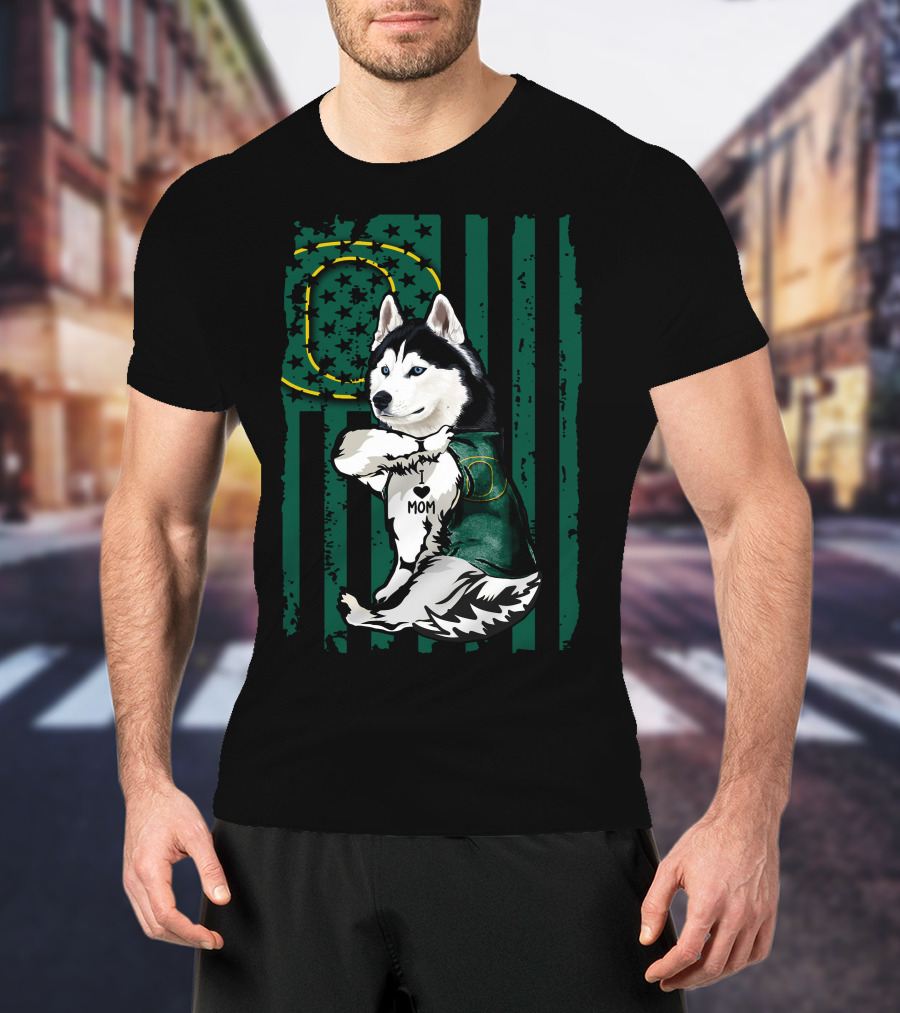 Siberian Husky Oregon Ducks I Love Mom Flag And Stars T-Shirt