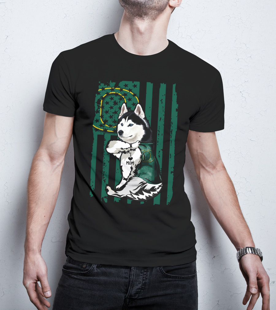 Siberian Husky Oregon Ducks I Love Mom Flag And Stars T-Shirt