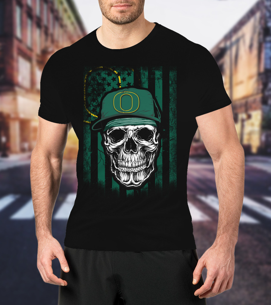 Skull With Oregon Ducks Cap On Green T-Shirt