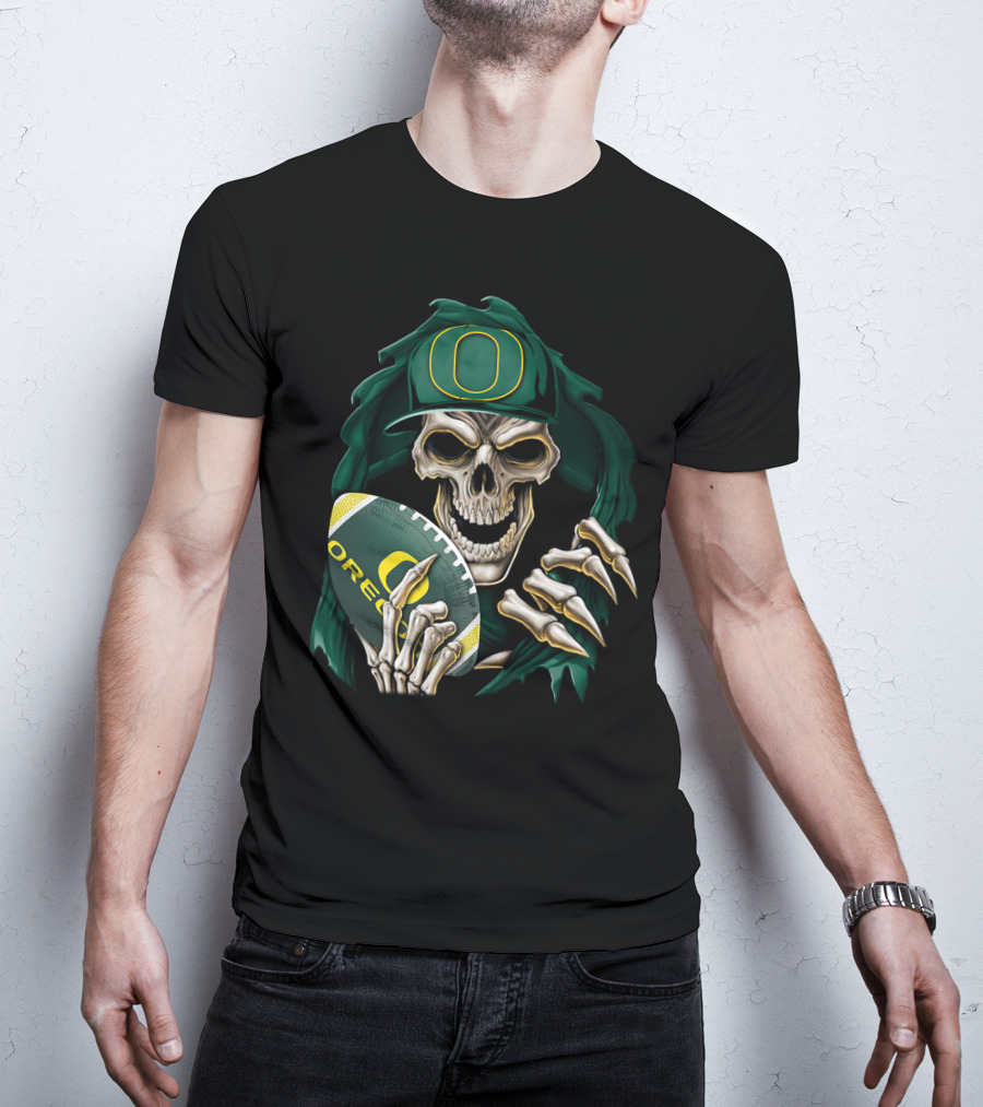 Skullbong Oregon Ducks Skeleton Holding Football T-Shirt
