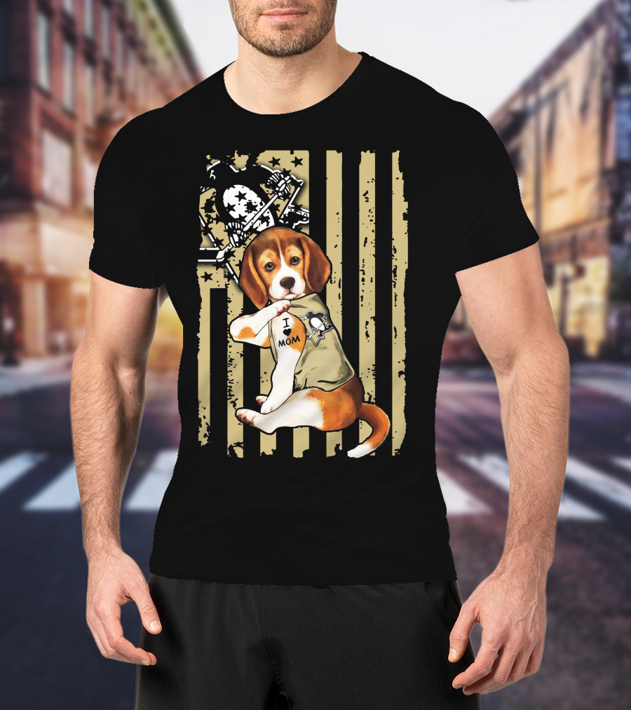 Beagle I Love Mom Pittsburgh Penguins American Flag T-Shirt