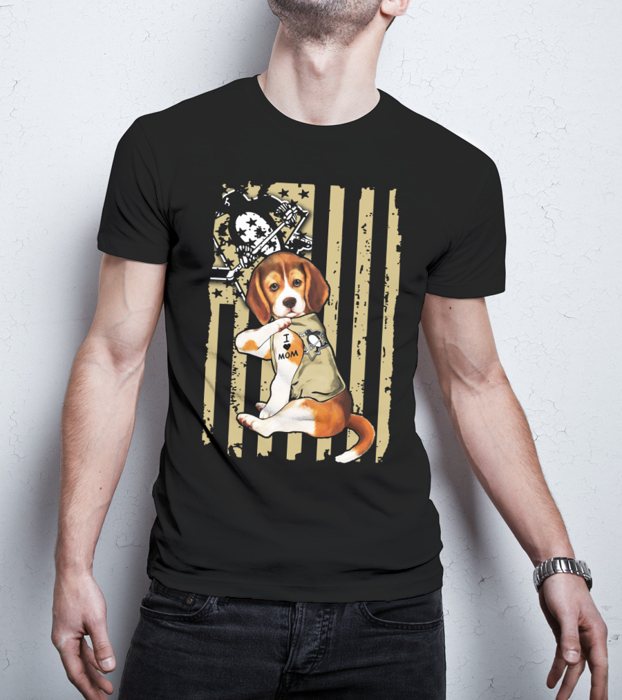 Beagle I Love Mom Pittsburgh Penguins American Flag T-Shirt
