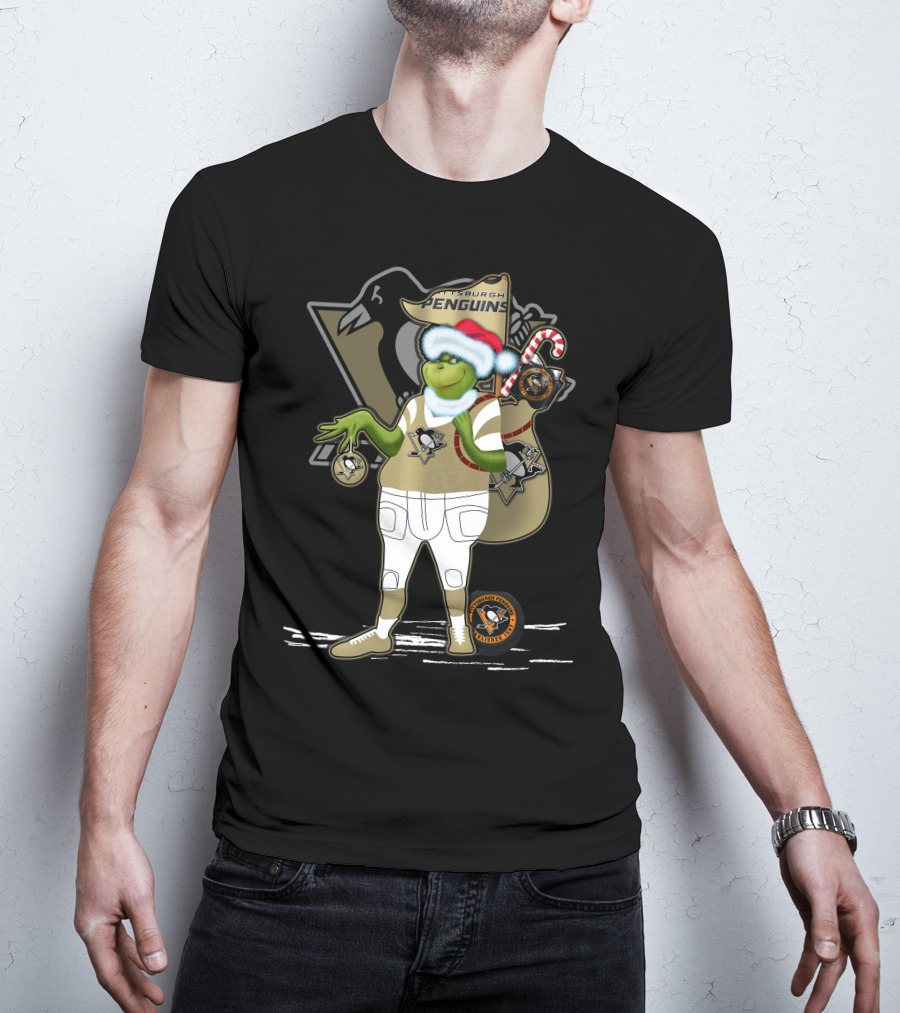 Grinchxmas Pittsburgh Penguins Holiday Mashup With Logo And Santa Hat T-Shirt