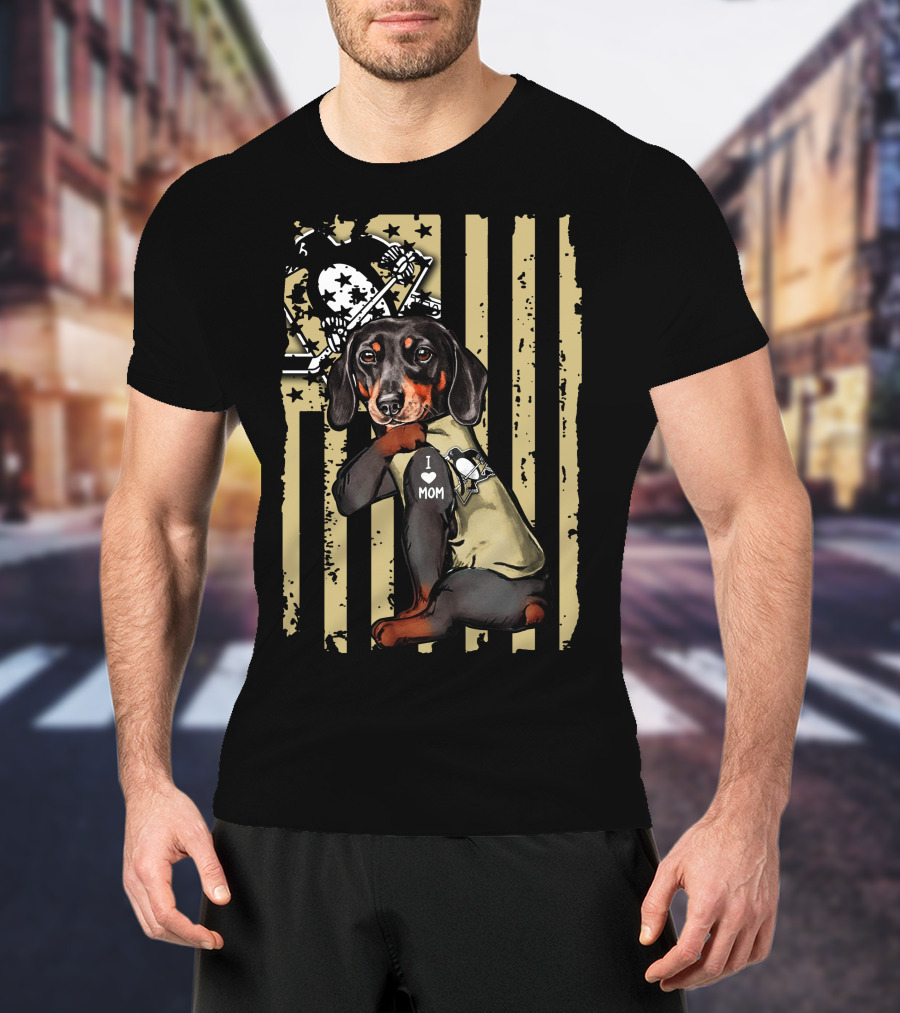 Pittsburgh Penguins Dachshund I Love Mom American Flag T-Shirt