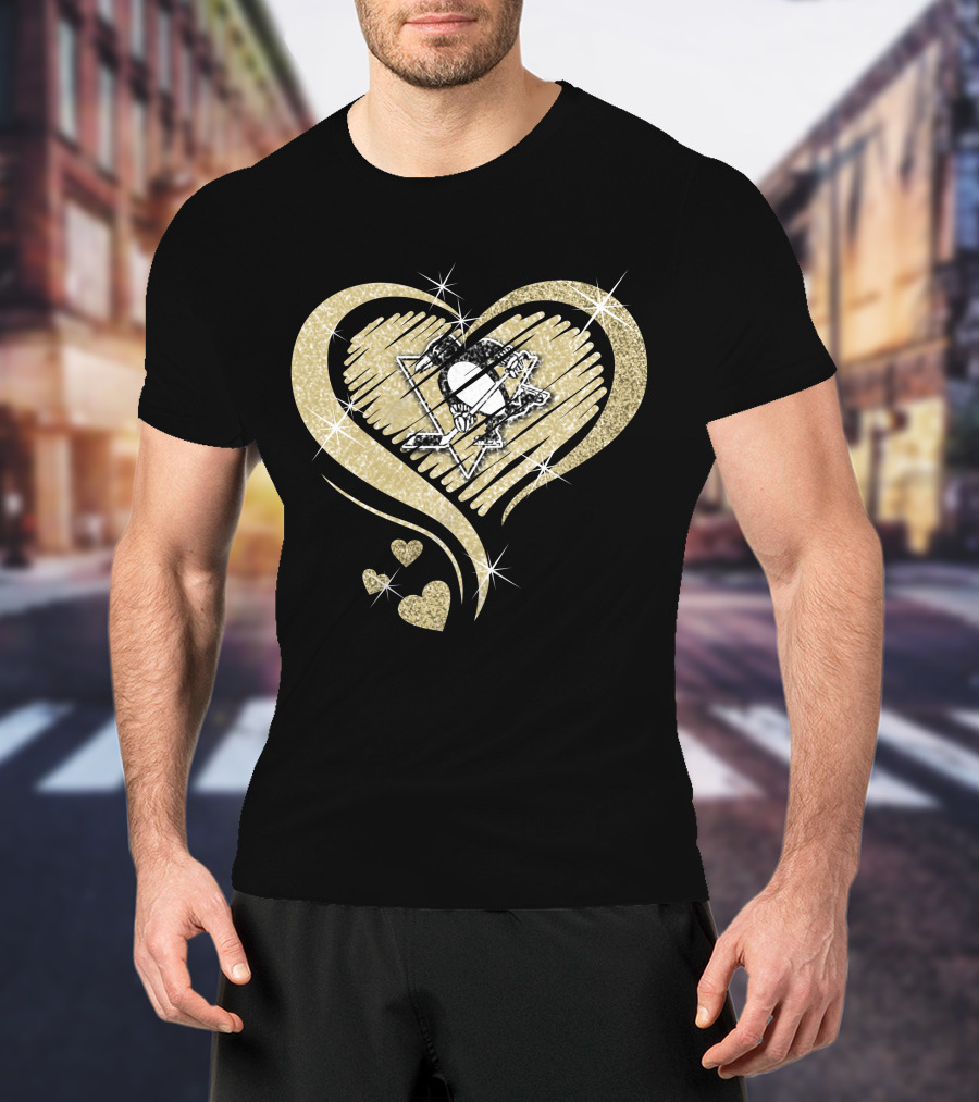 Heart Diamond Pittsburgh Penguins Logo Gold Sparkle T-Shirt
