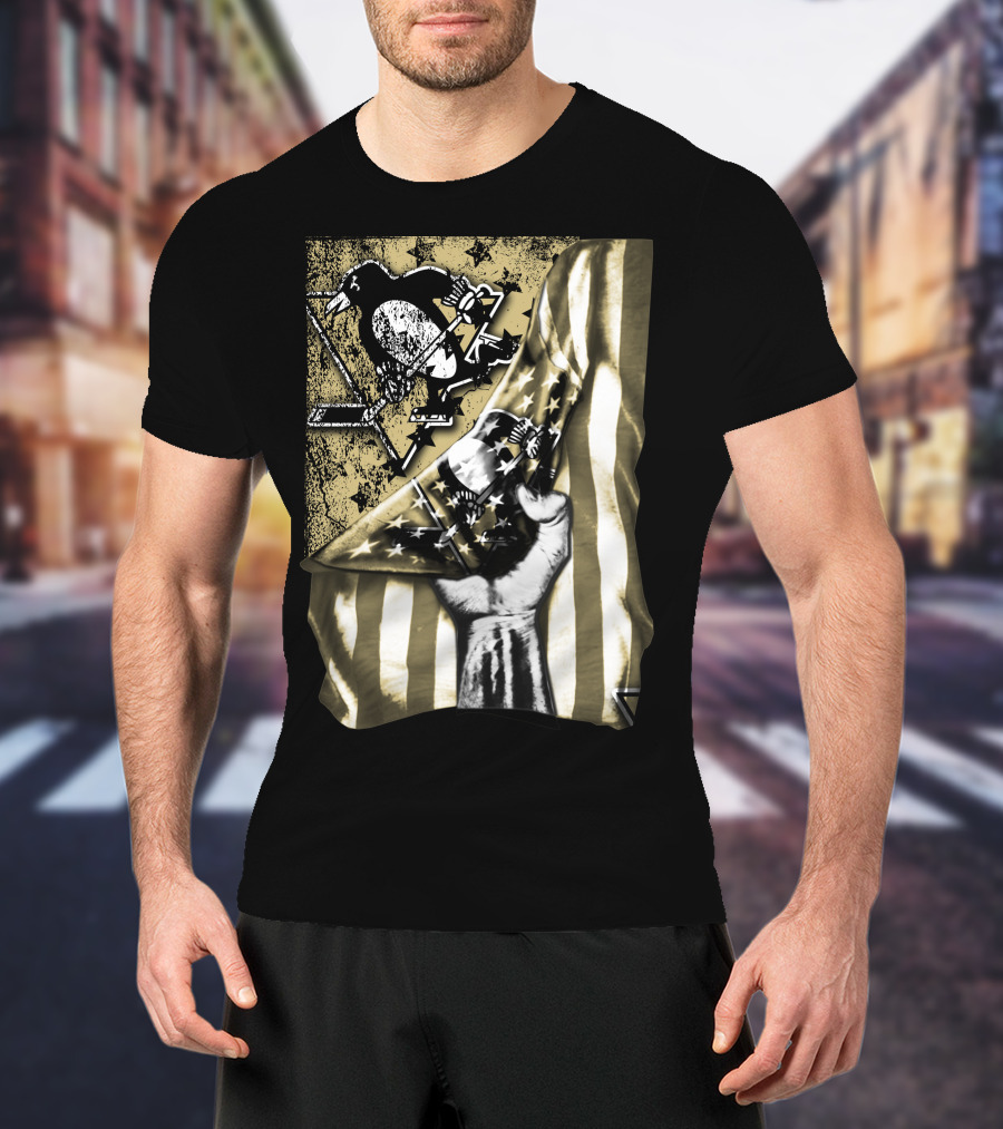 Pittsburgh Penguins Logo With American Flag And Raised Fist T-Shirt