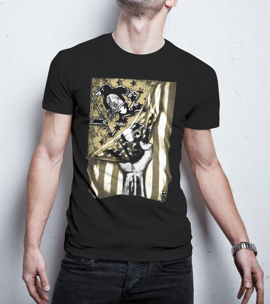 Pittsburgh Penguins Logo With American Flag And Raised Fist T-Shirt