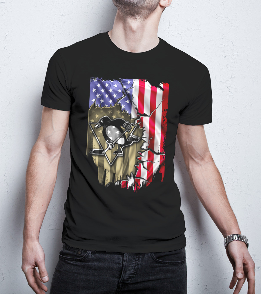 Pittsburgh Penguins American Flag Ripped Background T-Shirt