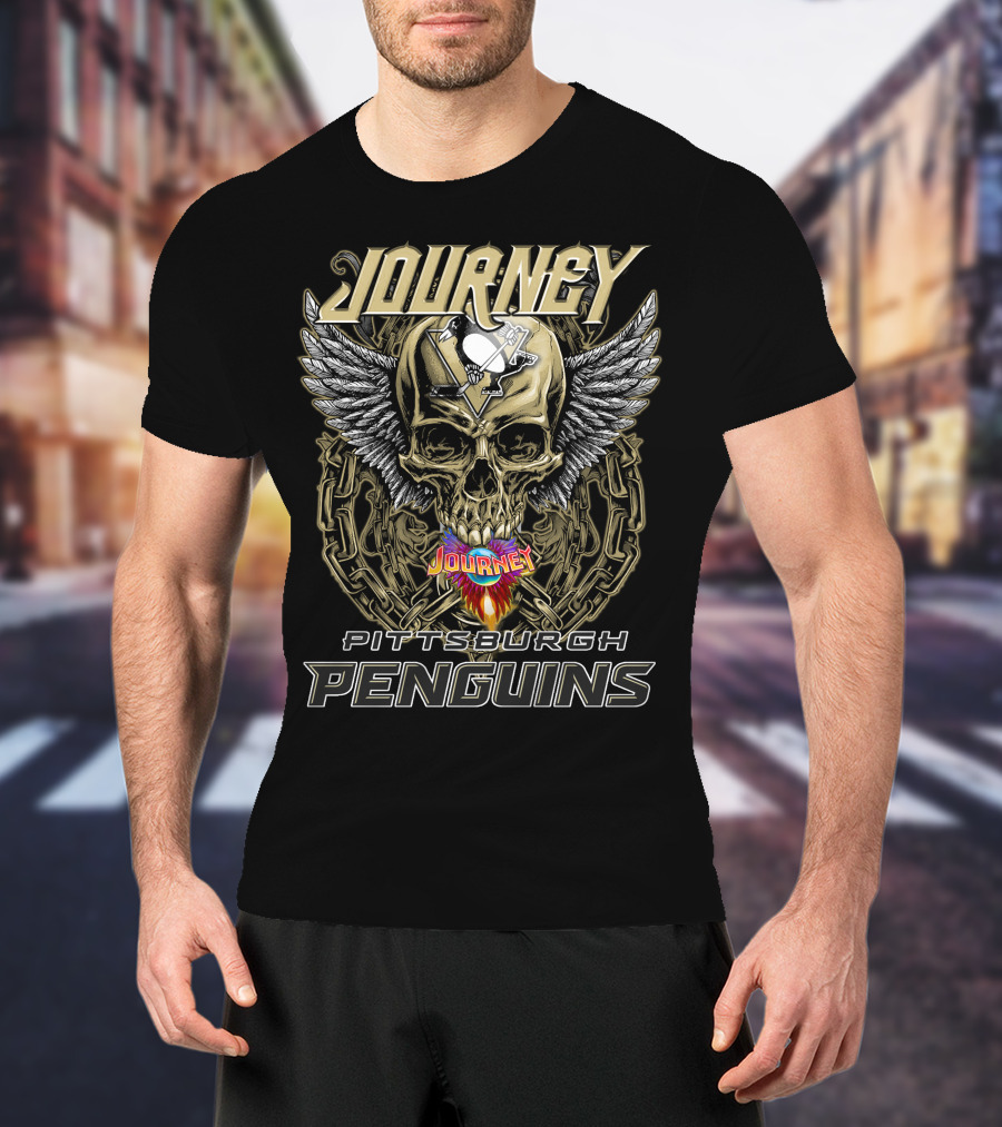 Journey Pittsburgh Penguins Skull Wings Chains T-Shirt