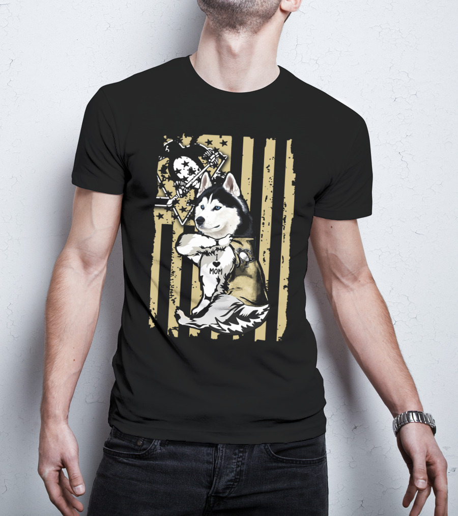 Siberian Husky I Love Mom Pittsburgh Penguins Hockey Star Flag T-Shirt