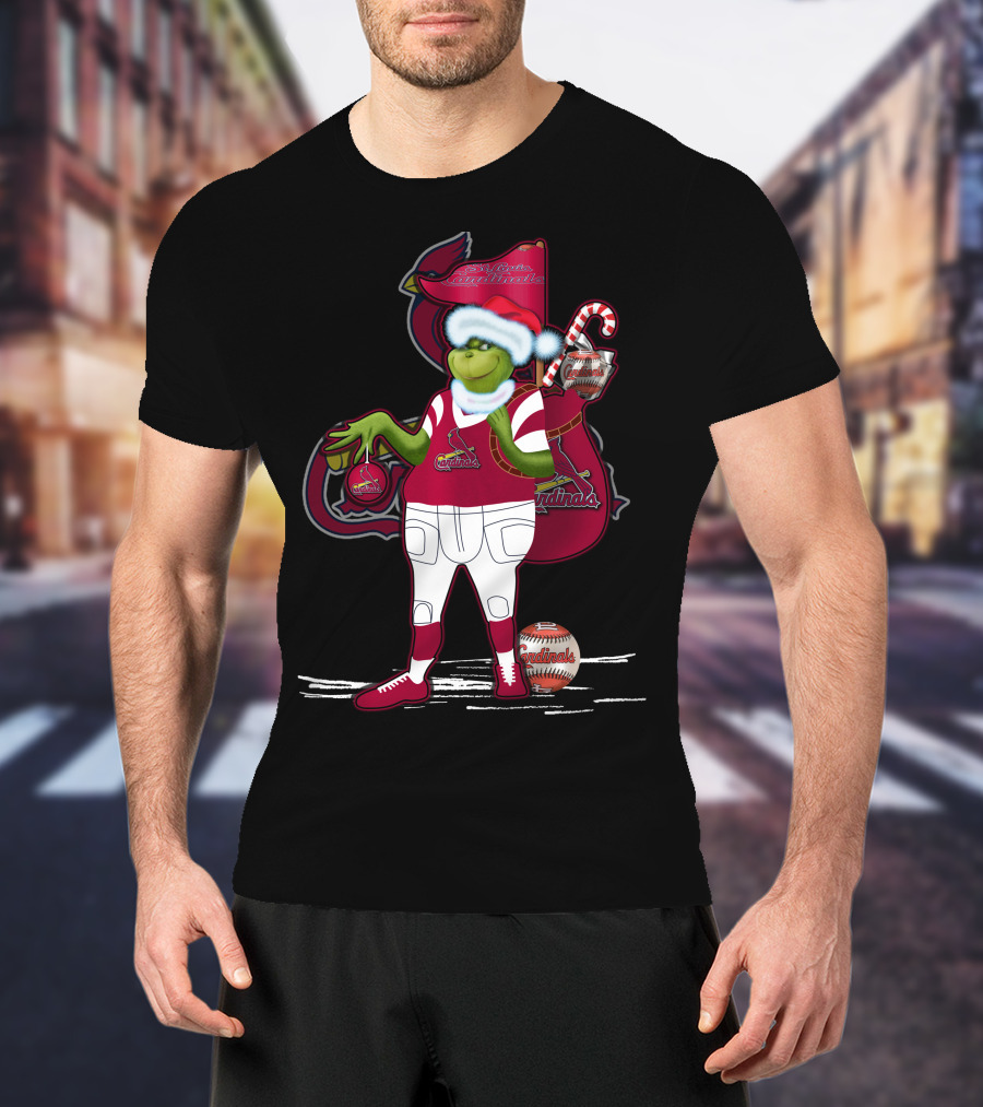 Grinchmas St. Louis Cardinals Christmas Baseball Character With Candy Cane And Baseball Gear T-Shirt
