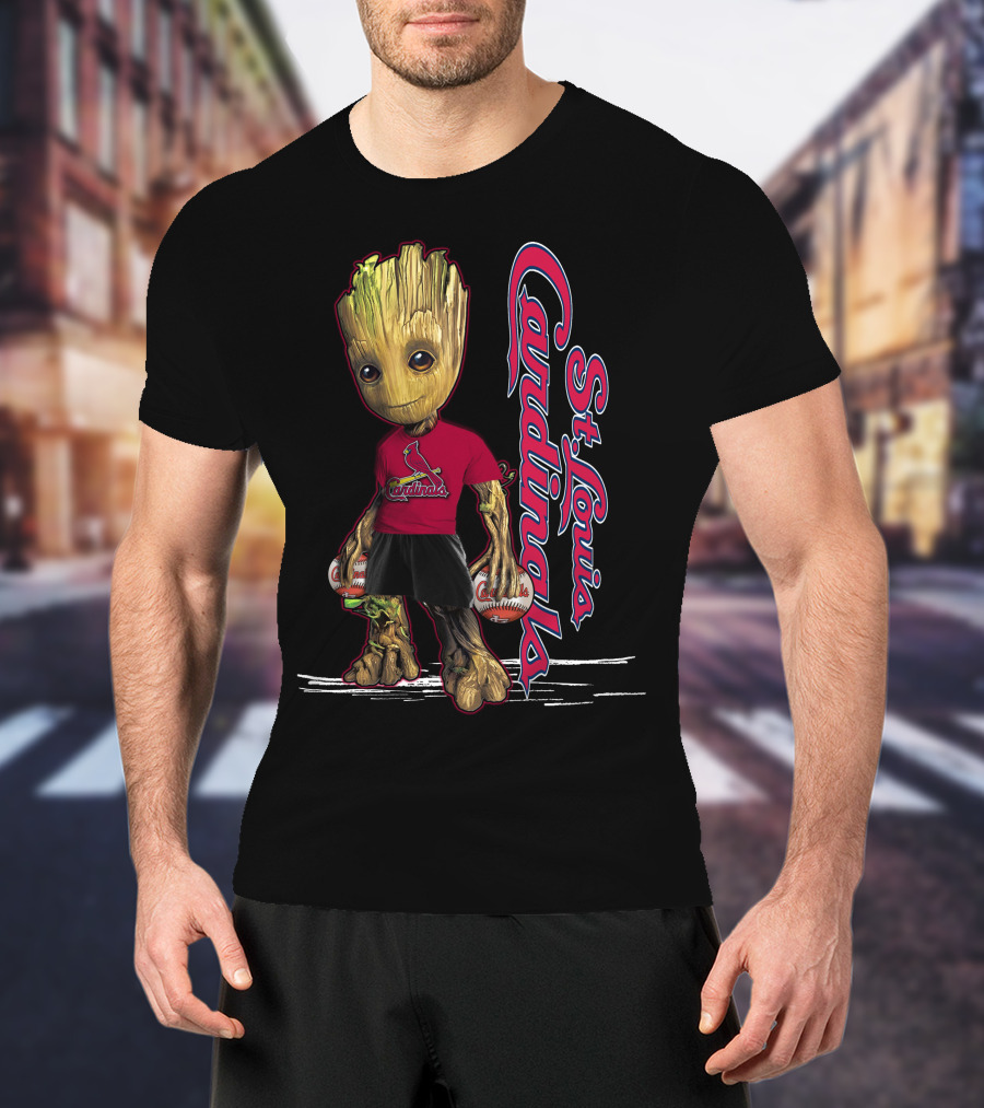 Groot St. Louis Cardinals Baseball Fan Character With Team Logo And Baseballs T-Shirt