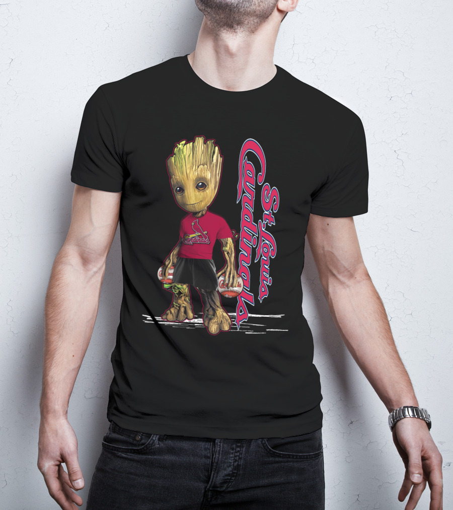 Groot St. Louis Cardinals Baseball Fan Character With Team Logo And Baseballs T-Shirt