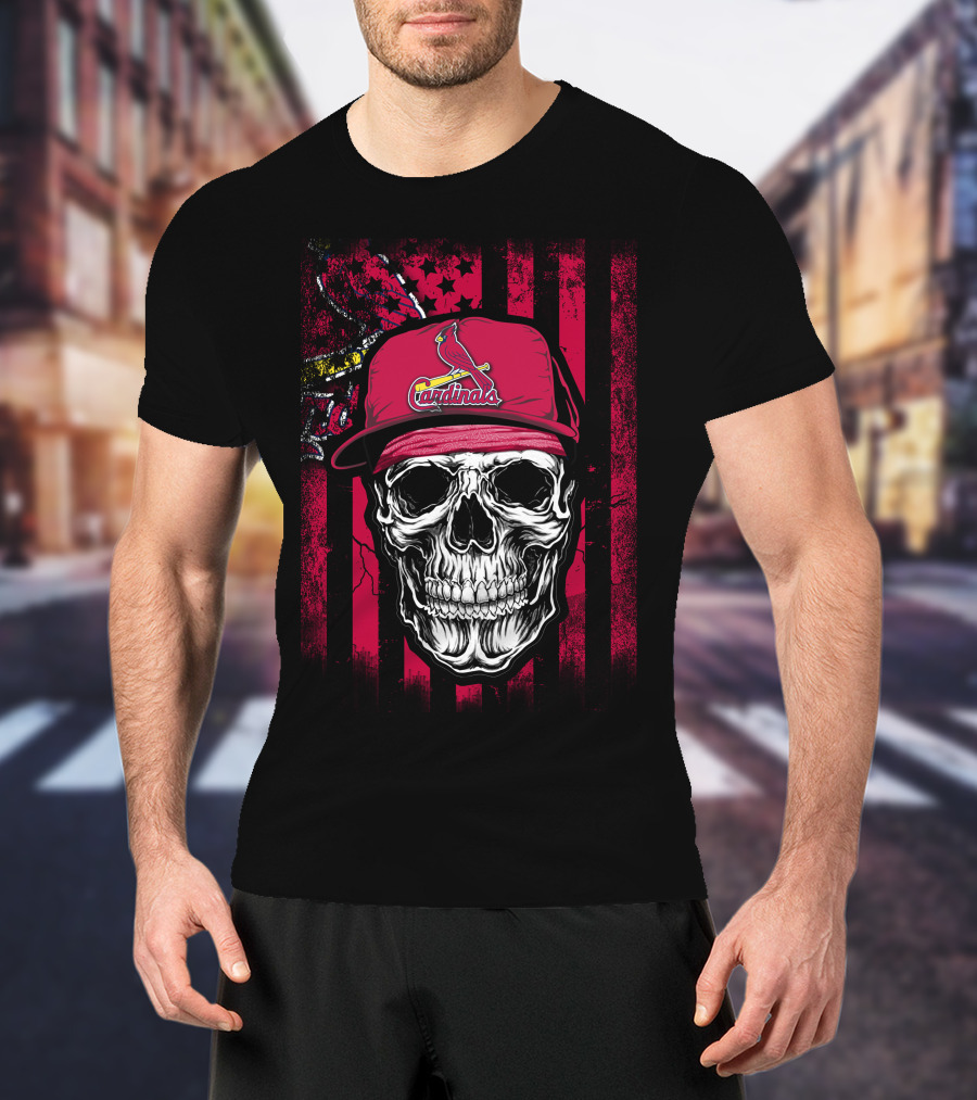 Skull St. Louis Cardinals Hat With American Flag Background T-Shirt