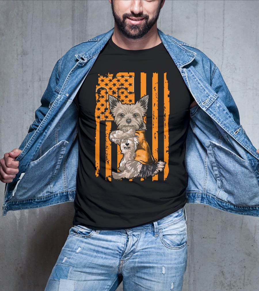 Yorkshire Terrier I Love Mom Tennessee Volunteers Orange Stars And Stripes Football Flag T-Shirt