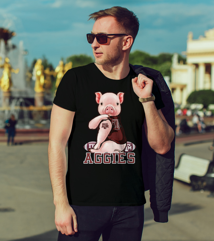 Pig Wearing Texas A&M Aggies Logo Sitting On Aggies Football T-Shirt
