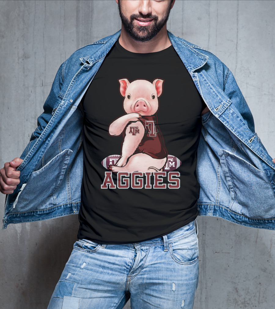 Pig Wearing Texas A&M Aggies Logo Sitting On Aggies Football T-Shirt