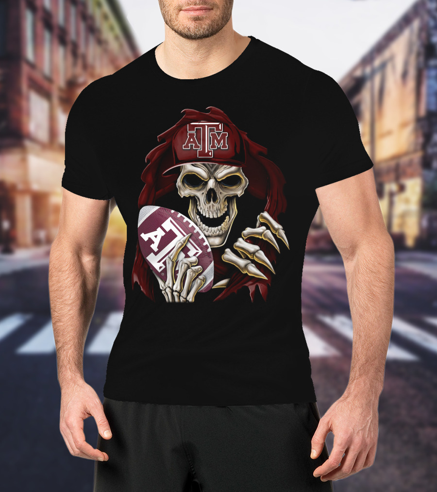 Skullbong Texas A&M Aggies Skeleton With Football And Cap T-Shirt